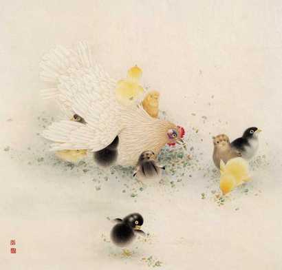 李长白 群鸡 镜心